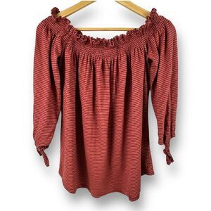 Bambooboy Women's Size M Socked Neck Peasant Blouse Brown Rust Stripe Tie Sleeve